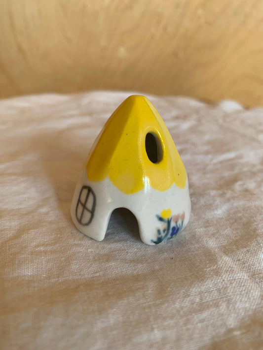 Yellow Ceramic Mouse House Cone Incense Burner With Flowers
