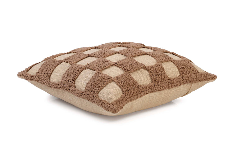 Tarika Checkered Crochet Accent Pillow, Beige- 18x18 Inch: CUSHION COVER WITH INSERT