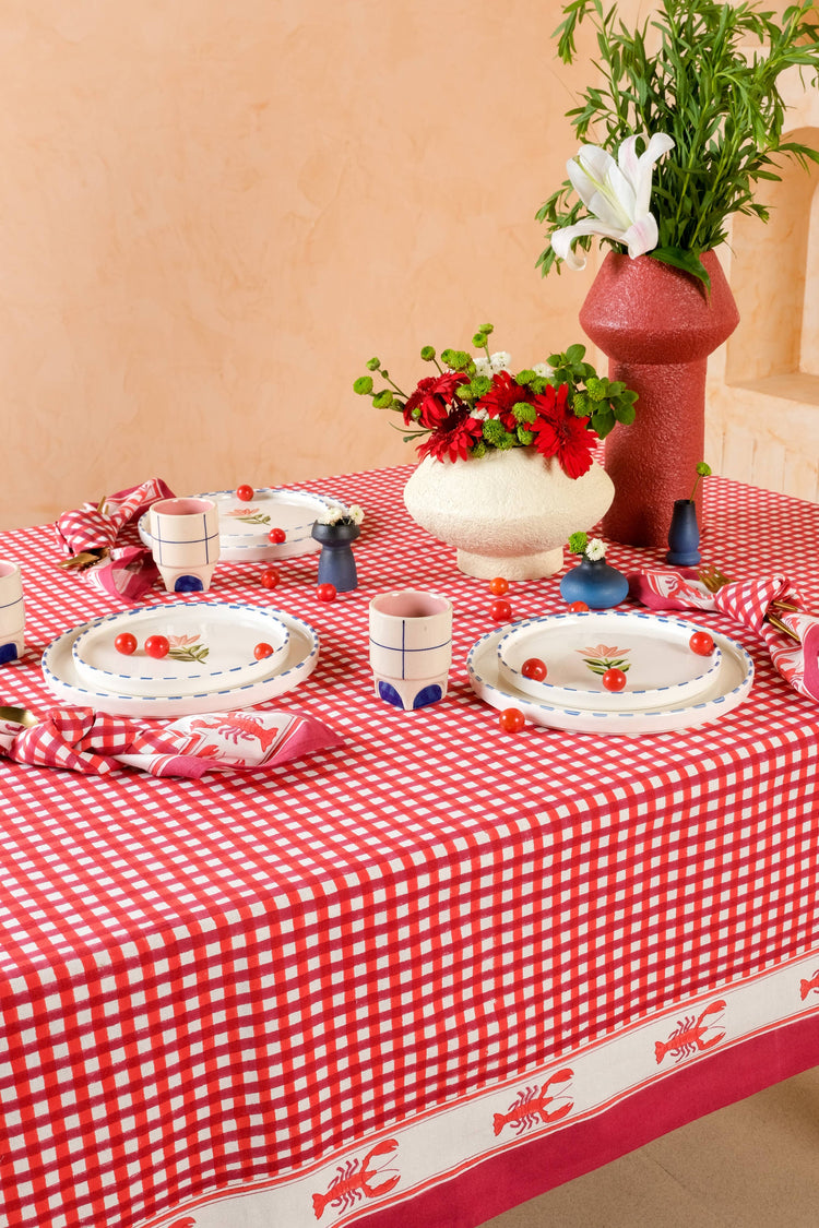 Lobster Red Gingham Blockprint Tablecloth: 60x90
