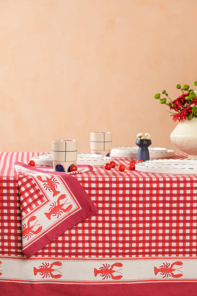 Lobster Red Gingham Blockprint Tablecloth: 60x90