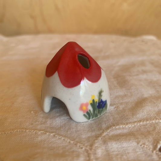 Red Ceramic Mouse House Cone Incense Burner With Flowers