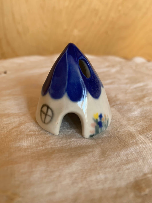 Blue Ceramic Mouse House Cone Incense Burner With Flowers