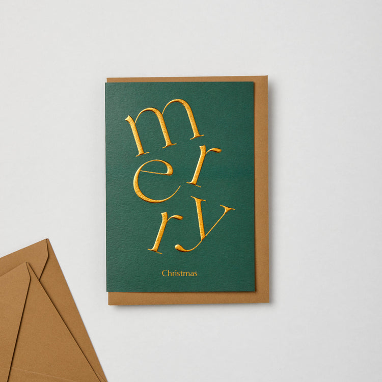 EMBOSSED GREEN MERRY CHRISTMAS SEASONAL CARD