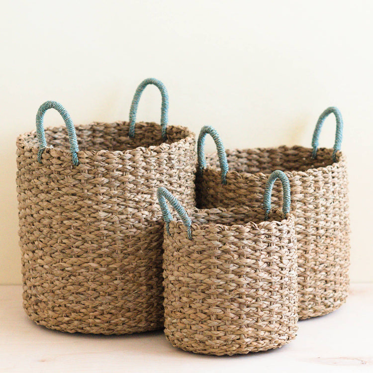 Seagrass Woven Baskets with Sky Blue Handle (Set of 3)