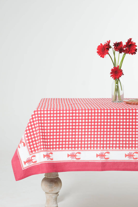 Lobster Red Gingham Blockprint Tablecloth: 60x90