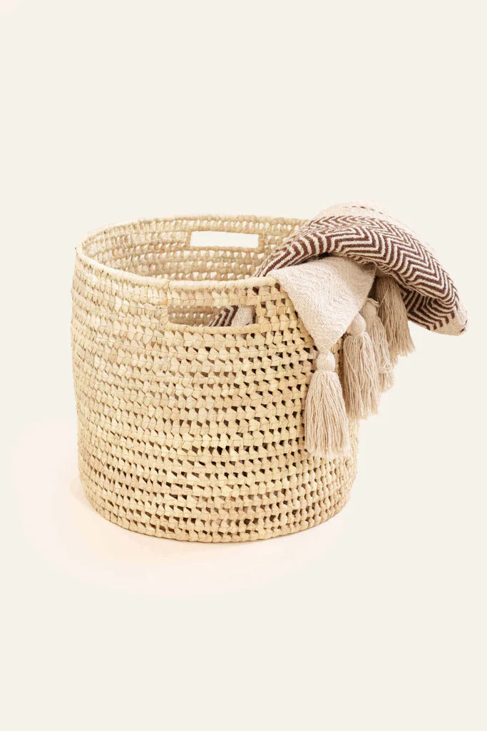 Open Palm Leaf Floor Basket with Handles