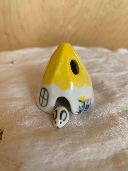 Yellow Ceramic Mouse House Cone Incense Burner With Flowers