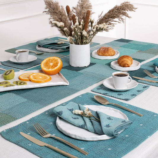 Mosaic Fray Vintage Kantha Placemat - Cornflower