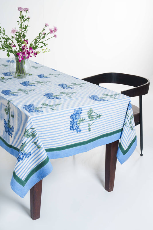 Blue Hydrangea Blockprint Tablecloth: 60x90