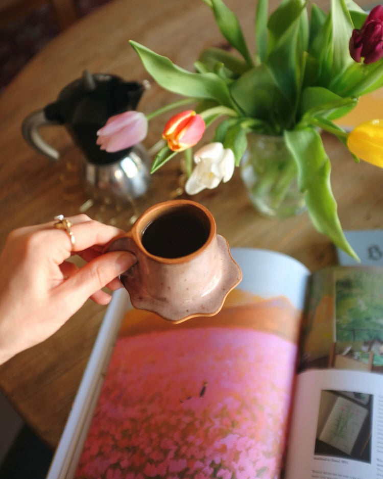 Stoneware espresso cups with saucer: Pink