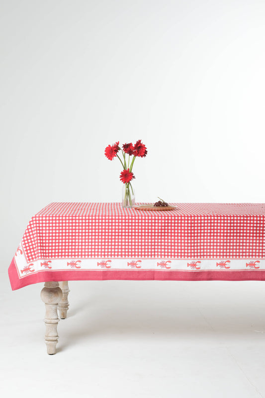 Lobster Red Gingham Blockprint Tablecloth: 60x90