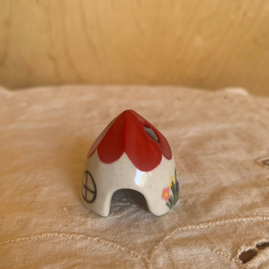 Red Ceramic Mouse House Cone Incense Burner With Flowers