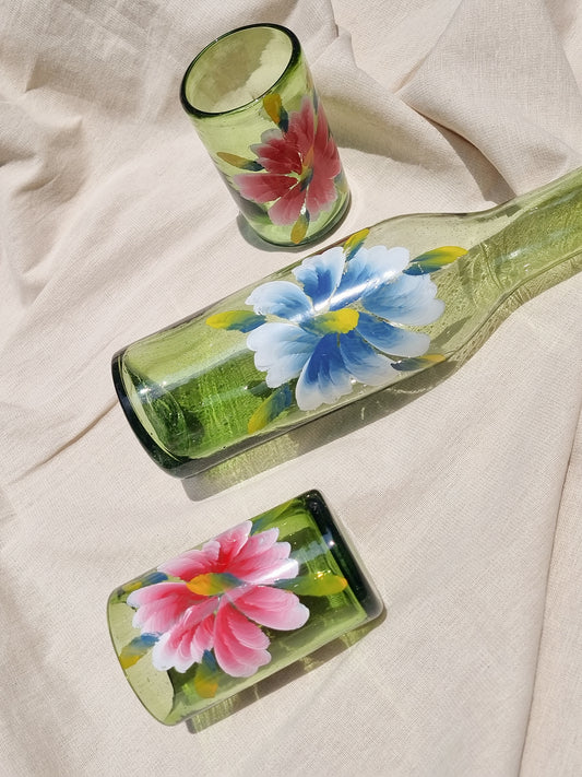 Hand Painted Green Glass Bottle Set