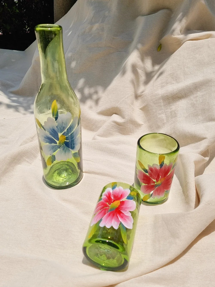 Hand Painted Green Glass Bottle Set