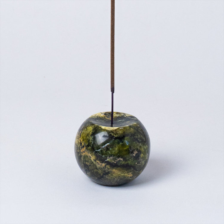 Gemstone sphere incense holder Serpentine green
