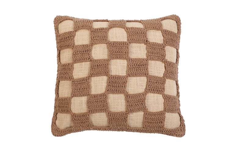 Tarika Checkered Crochet Accent Pillow, Beige- 18x18 Inch: CUSHION COVER WITH INSERT