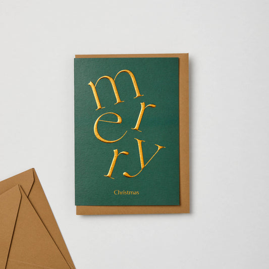 EMBOSSED GREEN MERRY CHRISTMAS SEASONAL CARD