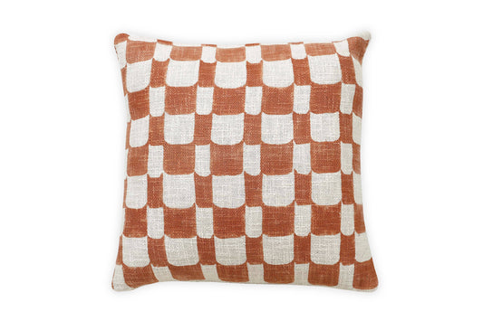 Aaakar Checkered BlockPrinted Throw Pillow, Rust  18x18 inch