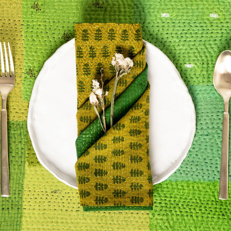 Mosaic Fray Vintage Kantha Napkin Set - Lime Green