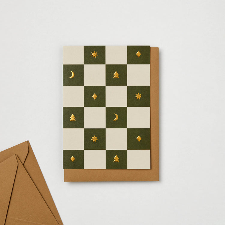 CHECKERBOARD CHRISTMAS GREEN SEASONAL CHRISTMAS CARD