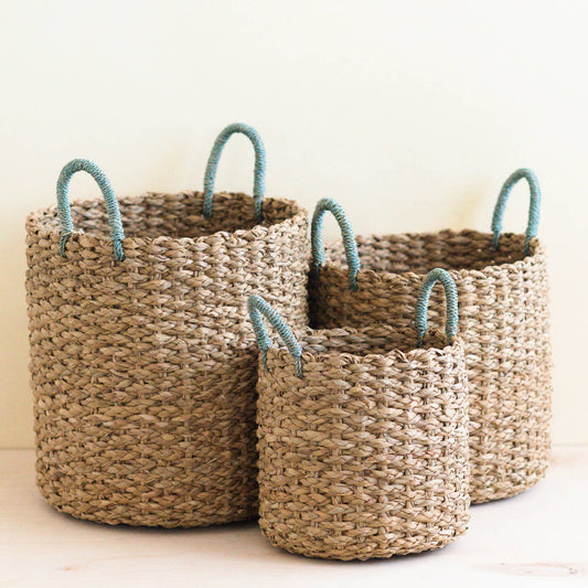 Seagrass Woven Baskets with Sky Blue Handle (Set of 3)