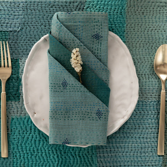 Mosaic Fray Vintage Kantha Napkin Set - Cornflower