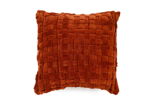 Checked Hand Woven Velvet Square Cushion Rust 18x18